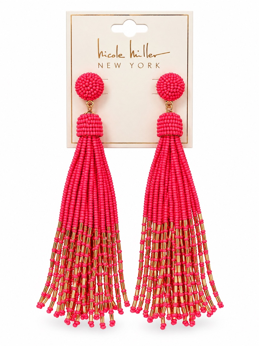 Nicole Miller Hot Pink Beaded Tassel Earrings with Gold Accents
